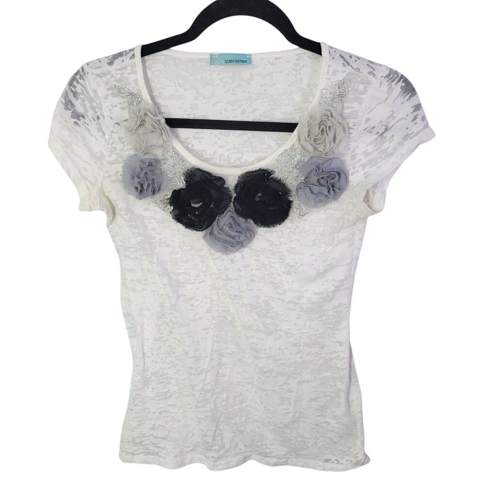 Queen Esther Womens Sz M White Floral Cap Sleeve Blouse